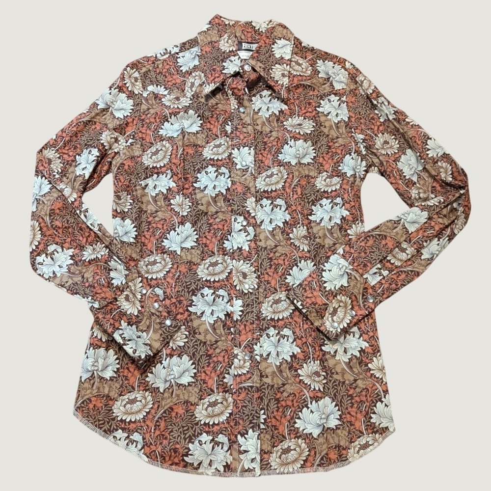Vtg Fenton Pearl Snap Shirt Sz 16 Floral Boho Western Hippie Made is USA Brown